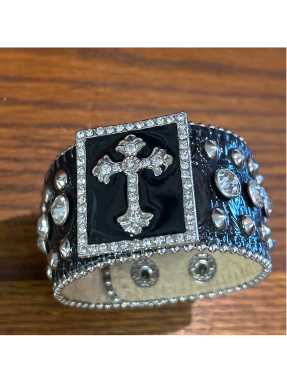Women's KATYDID Black Silver Cross Rhinestone Cuff Bracelet One Size